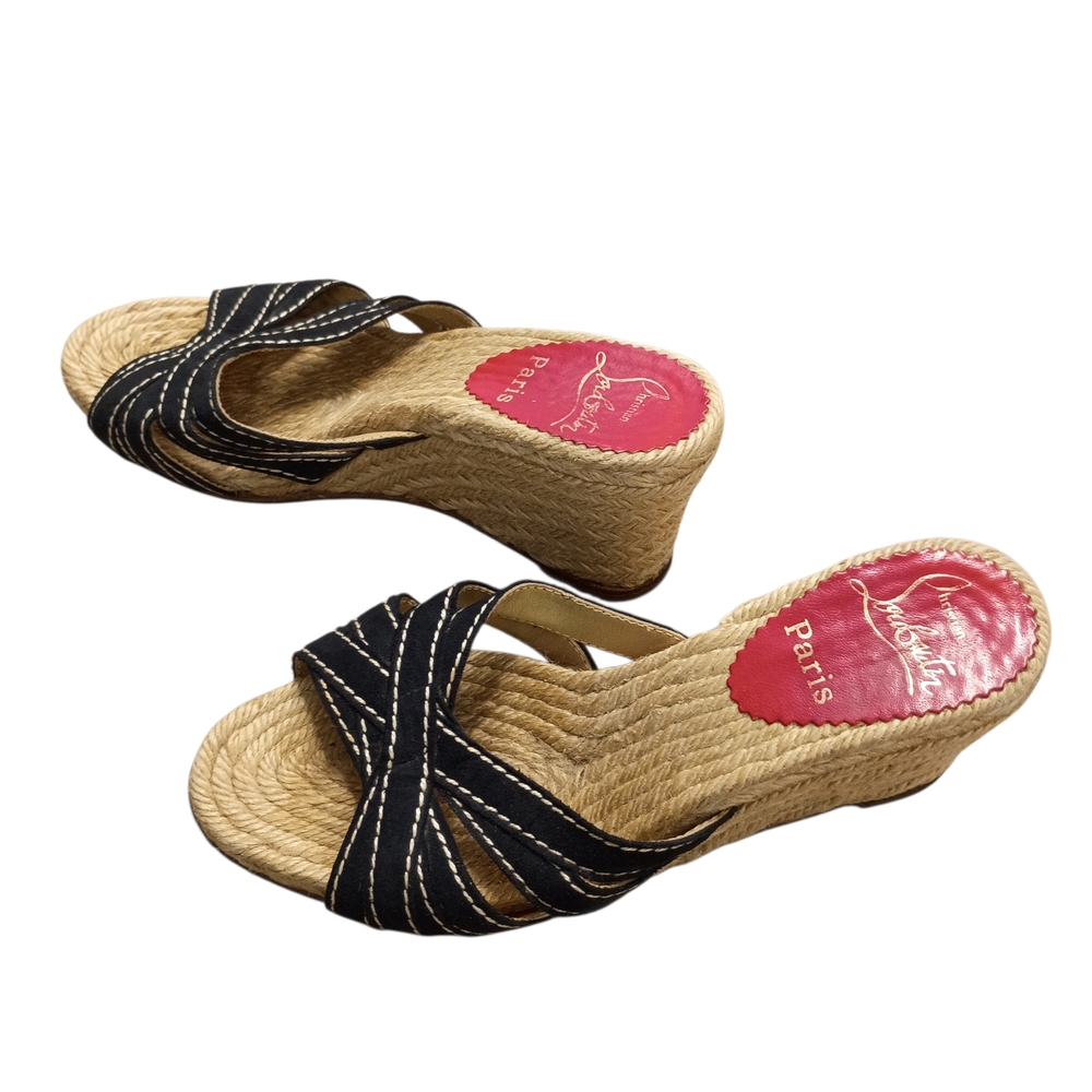 Christian Louboutin Espadrilles Black Wedge Sandals Platform Heels Size 6 - Picture 9 of 9